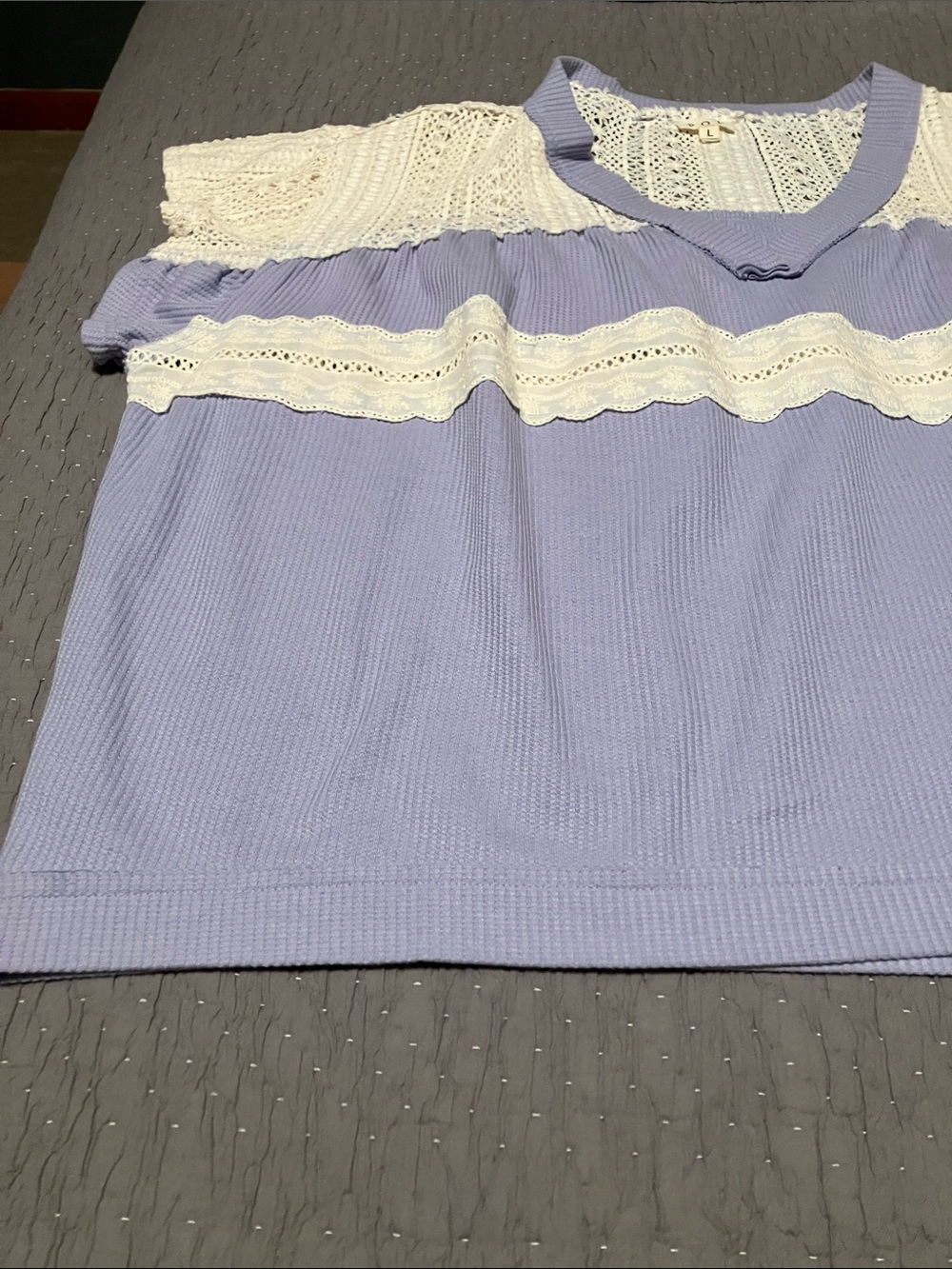 POL Lavender and Cream Crochet & Ribbed Top. Size L. Cap Sleeves. OVERSIZED. - Picture 10 of 11
